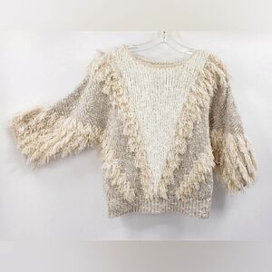 Vtg 80s Shaggy Fringe Sweater Women L Oatmeal Cream Dolman Sleeves Shoulder Pads